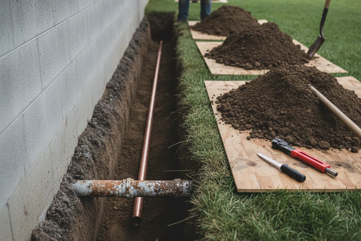 Excavated water line trench during Sewer Line Repair in Gratis